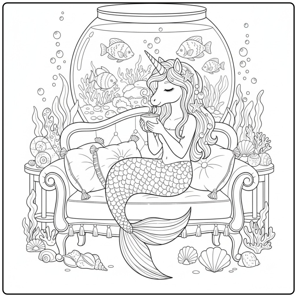 Leuke kleurplaat unicorn zeemeermin op een bankje onderwater.