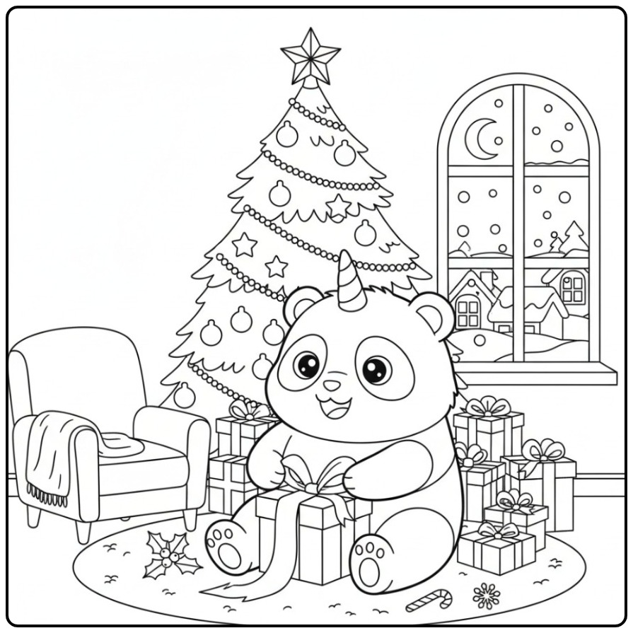 Een schattige kleurplaat unicornpanda kerst met cadeautjes.