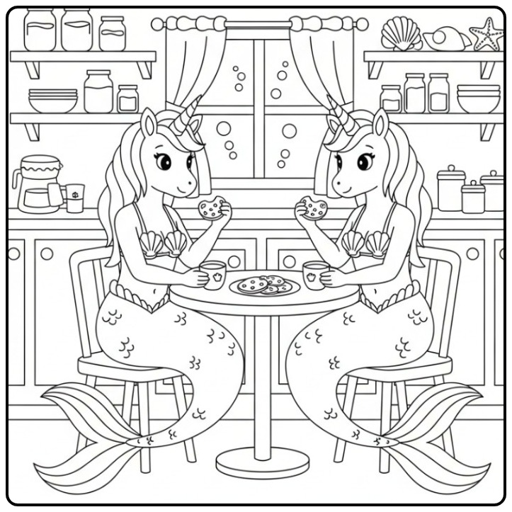 Twee vriendinnen op een kleurplaat unicorn zeemeermin in de keuken.