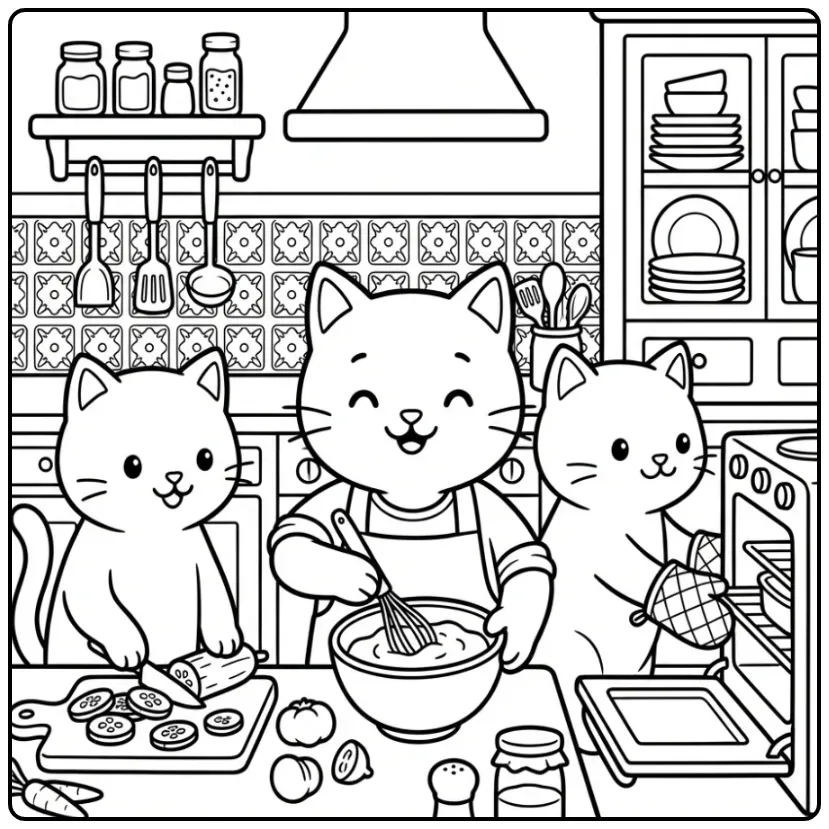 Drie kokende katten op een katten kleurplaat volwassenen.