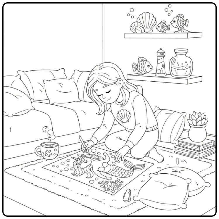 Een meisje kleurt een magische kleurplaat unicorn zeemeermin.