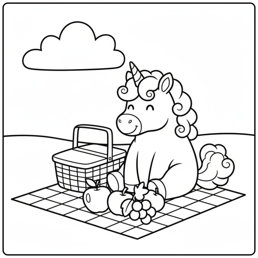 Een vrolijke kleurplaat eenhoorn schattig op een picknickkleed.