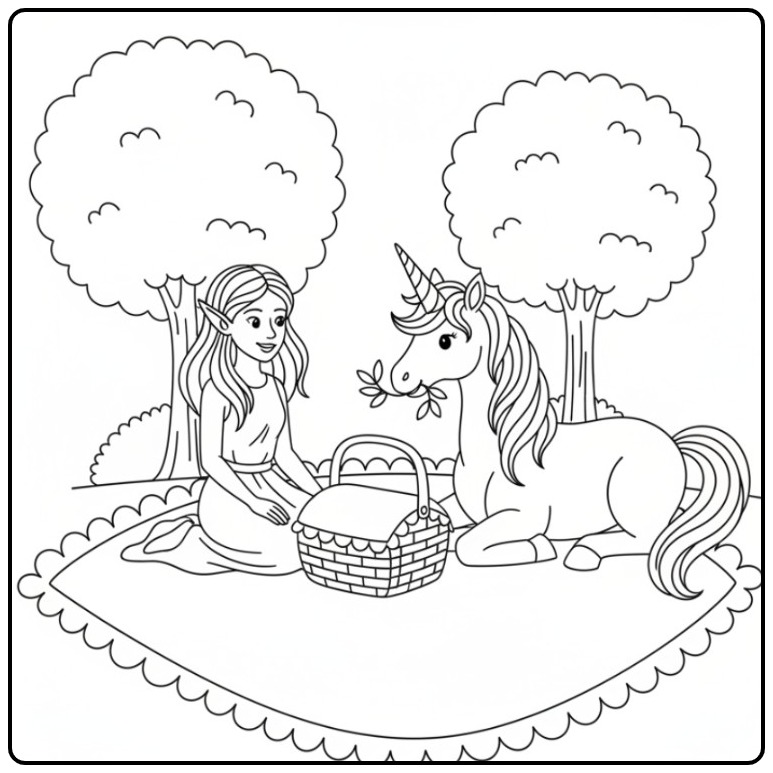 Een lieve kleurplaat elfje en eenhoorn tijdens een picknick.