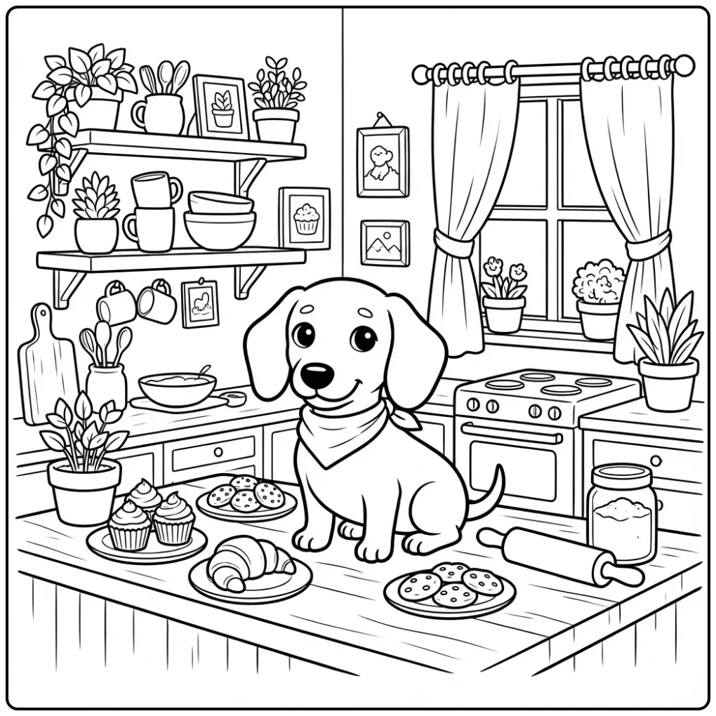 Teckel puppy kleurplaat hond volwassenen in de keuken.