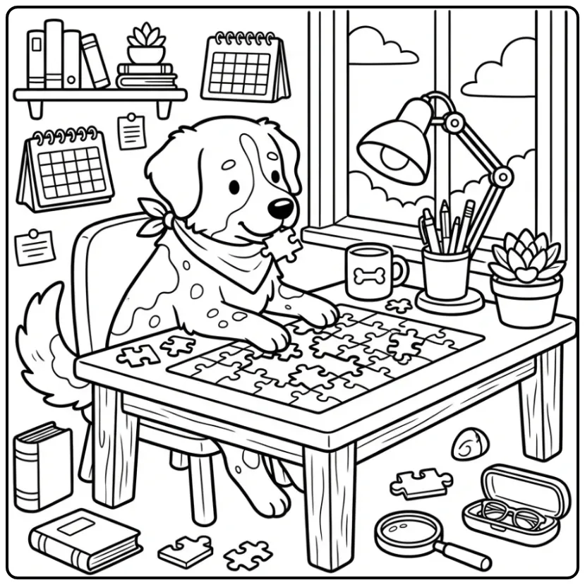 Een Stabyhoun helpt met een puzzel, kleurplaat hond volwassenen.