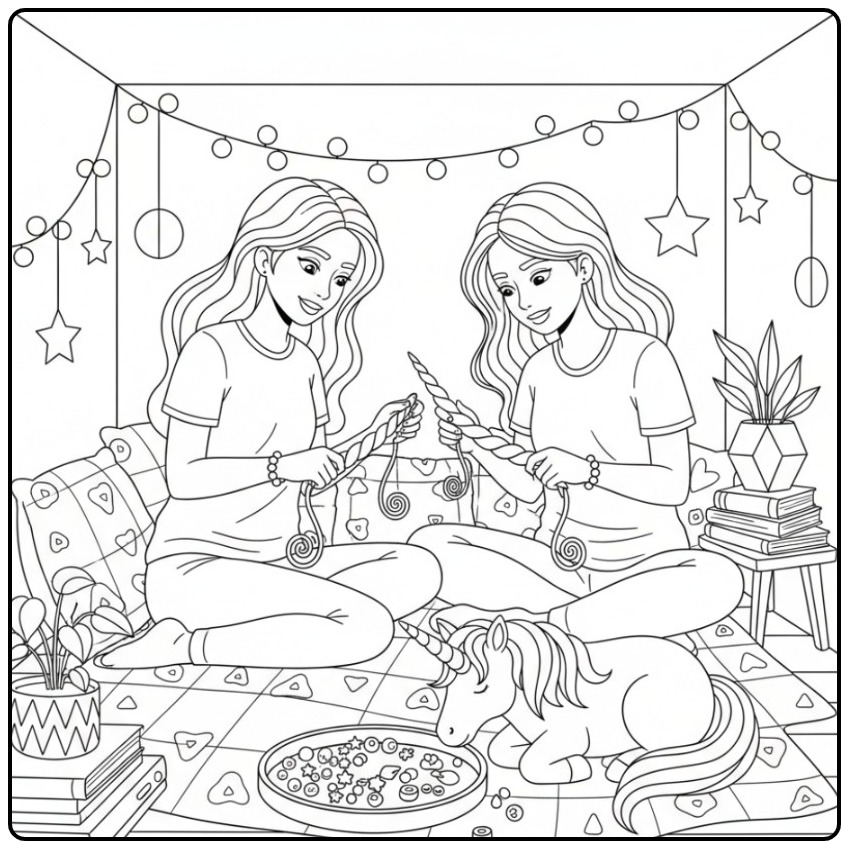 Twee meisjes versieren een magische unicorn hoorn kleurplaat.