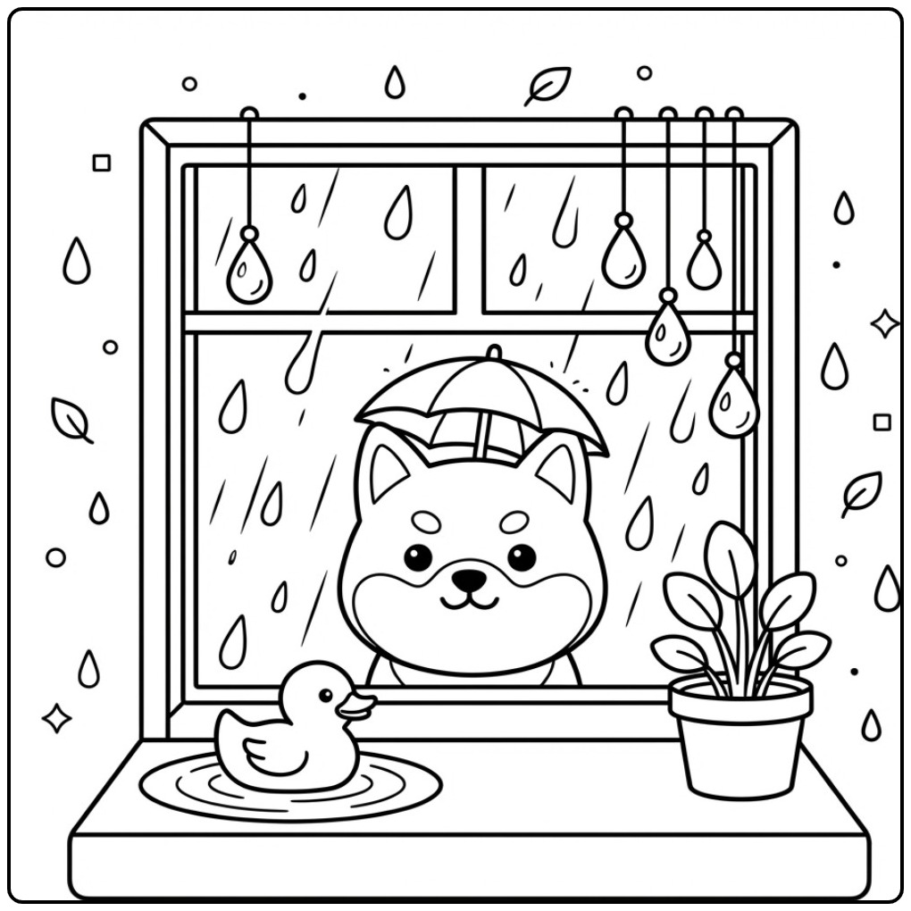 Leuke kleurplaat hondenkop van een Shiba Inu met een paraplu.