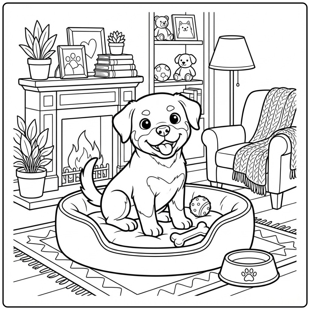 Een blije pup op een rottweiler kleurplaat met zijn speelgoed.