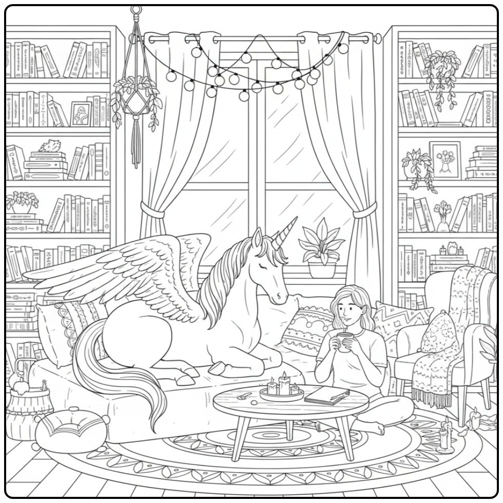 Een meisje en een kleurplaat eenhoorn met vleugels op de sofa.