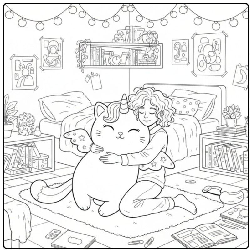 Een meisje knuffelt haar beste vriend de unicorn kat kleurplaat.