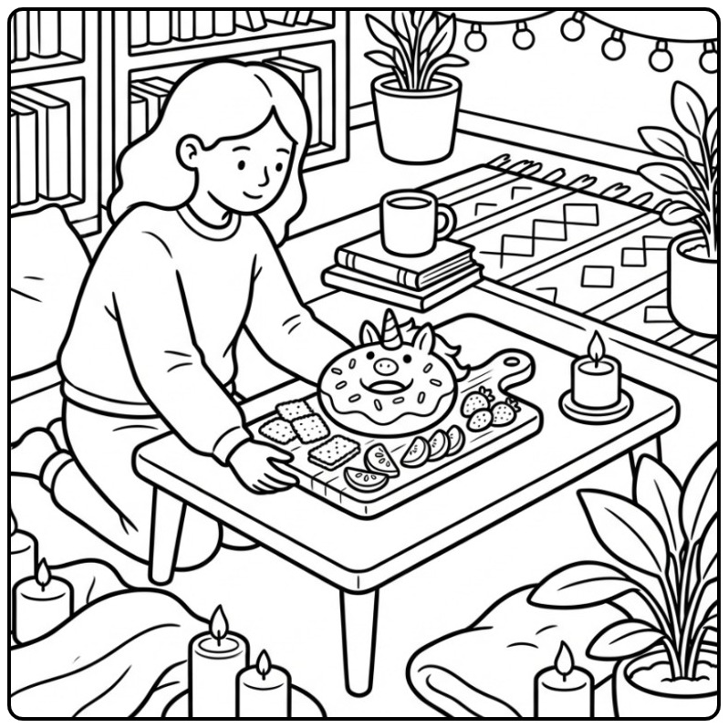 Een meisje in een gezellige kamer met een kleurplaat donut unicorn.