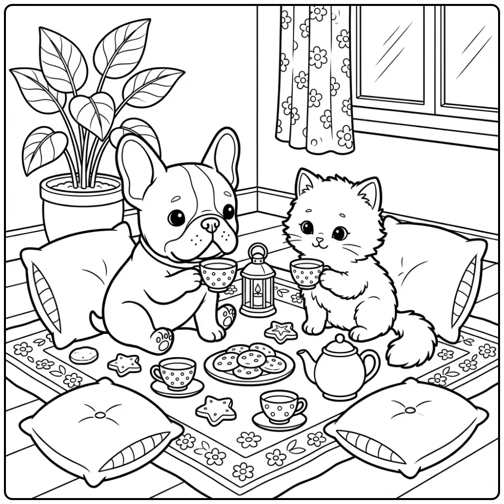 Schattige kleurplaat puppy en kitten met thee en koekjes.