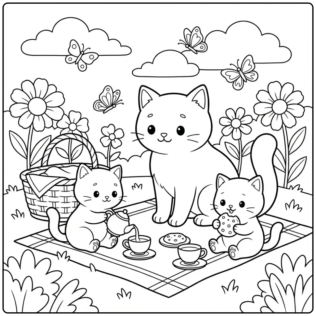 Picknickende katten kleurplaat kitten moeilijk in de tuin.