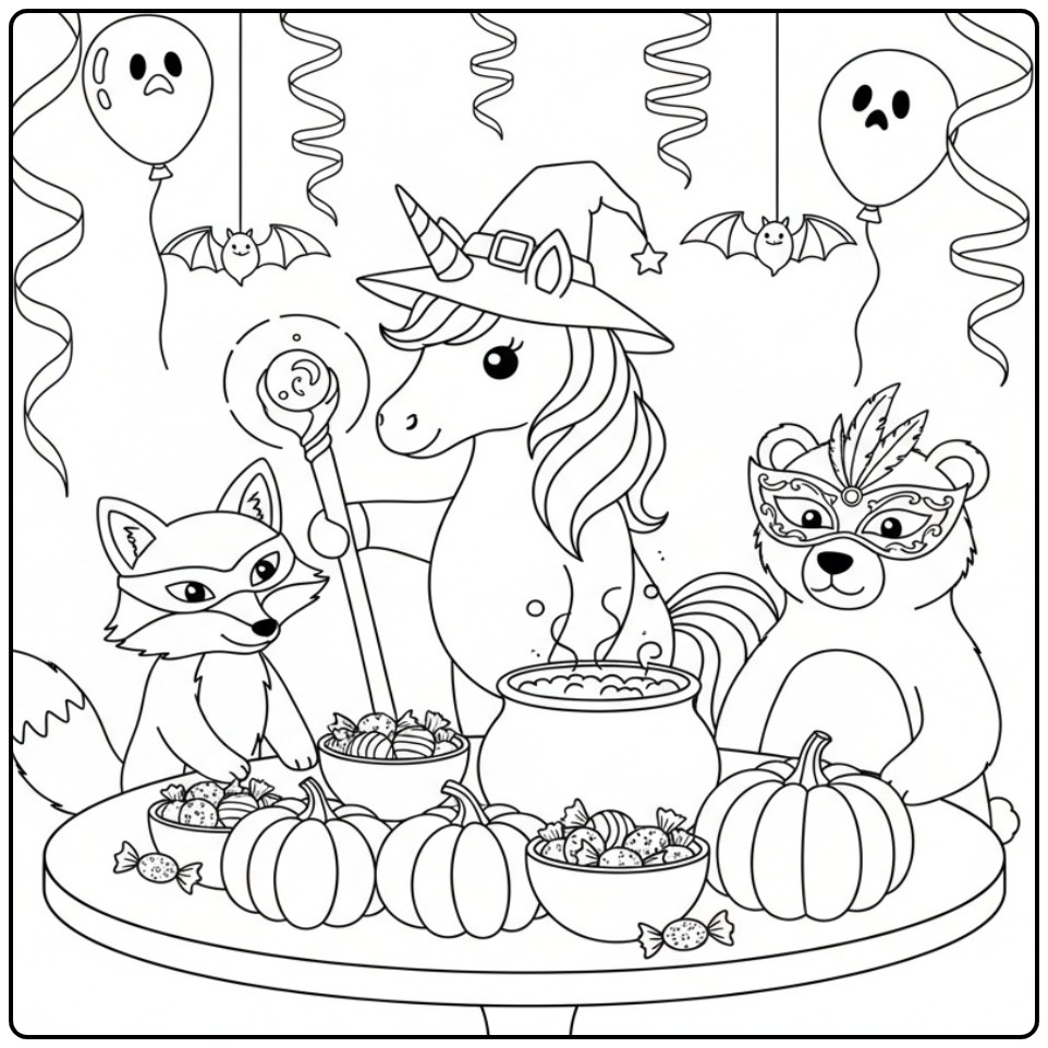 Schattige unicorn halloween kleurplaat met vriendjes en snoep.
