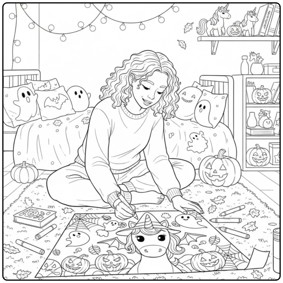 Een meisje kleurt een grote unicorn halloween kleurplaat op de vloer.