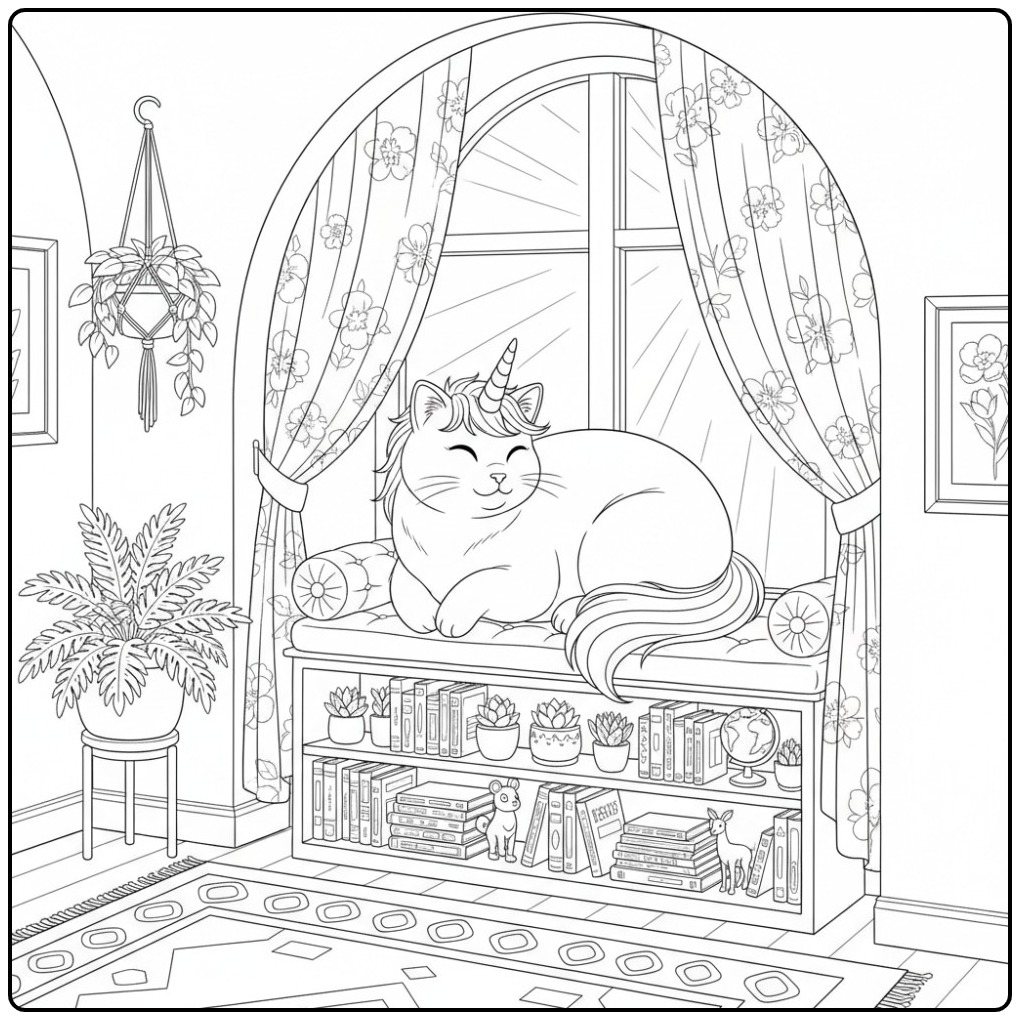 Een schattige unicorn kat kleurplaat op een vensterbank.