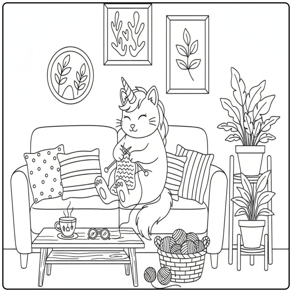 Een schattige unicorn kat kleurplaat van een kat die breit.