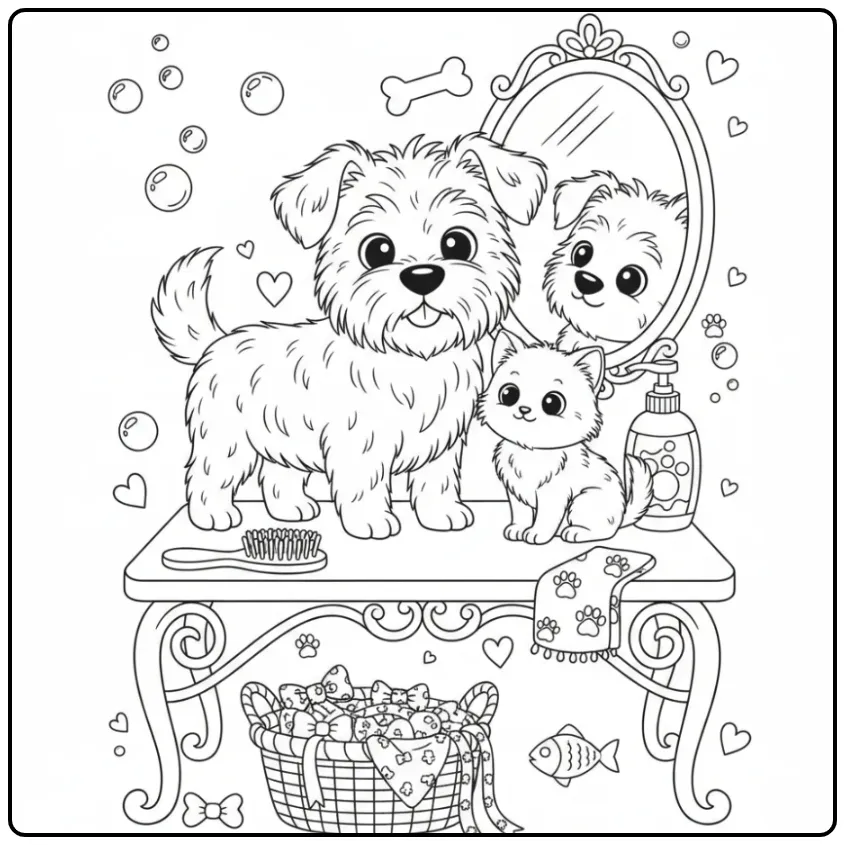 Een lieve kleurplaat hond en kat bij een kleine trimsalon.