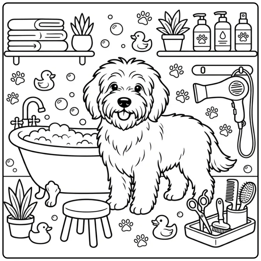 Schapendoes in trimsalon, een leuke kleurplaat hond volwassenen.