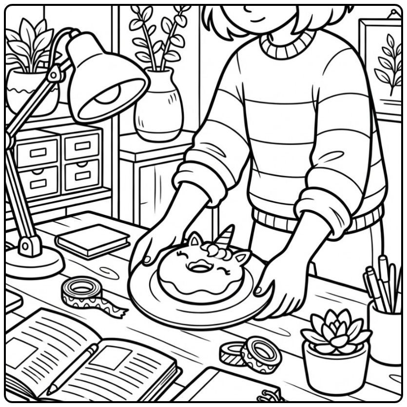 Persoon aan bureau met een schattige kleurplaat donut unicorn.