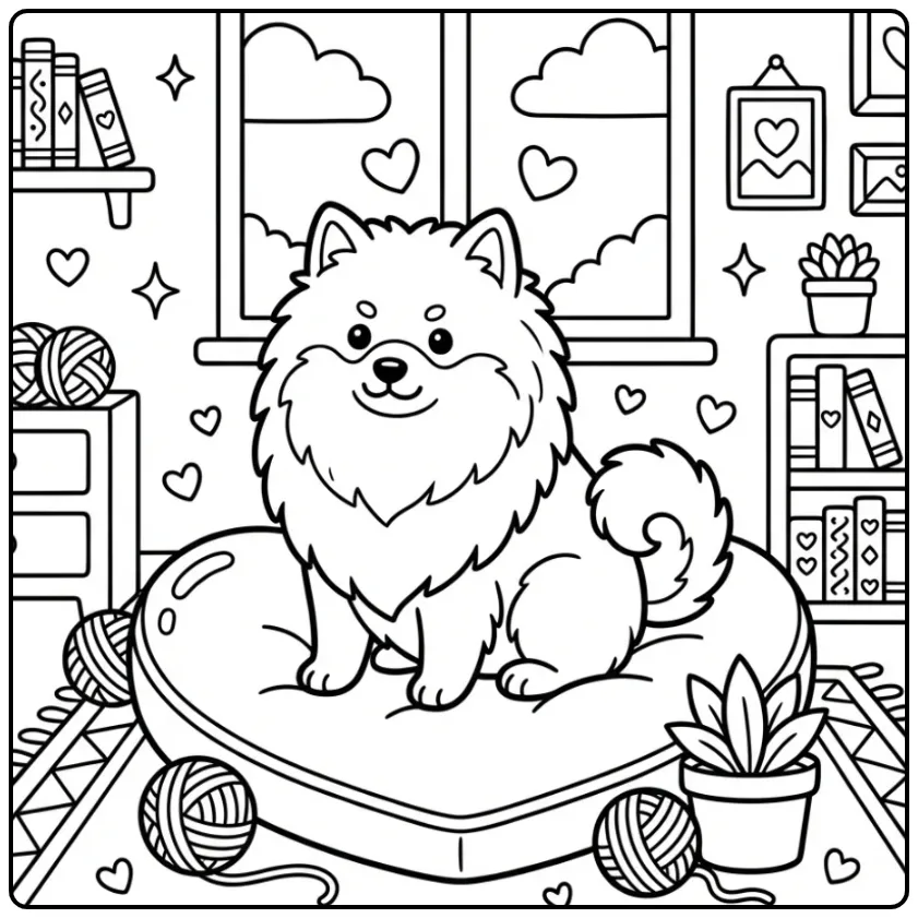 Een lieve Keeshond op een hartjeskussen, kleurplaat hond met hartjes.