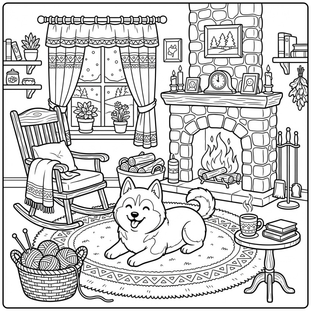 Een schattige kleurplaat husky rustend op een kleed bij de haard.