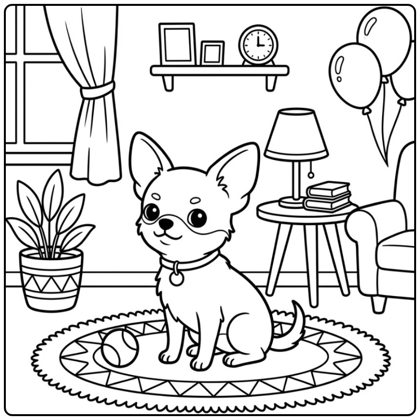 Een schattige kleurplaat chihuahua zittend op een rond kleed.