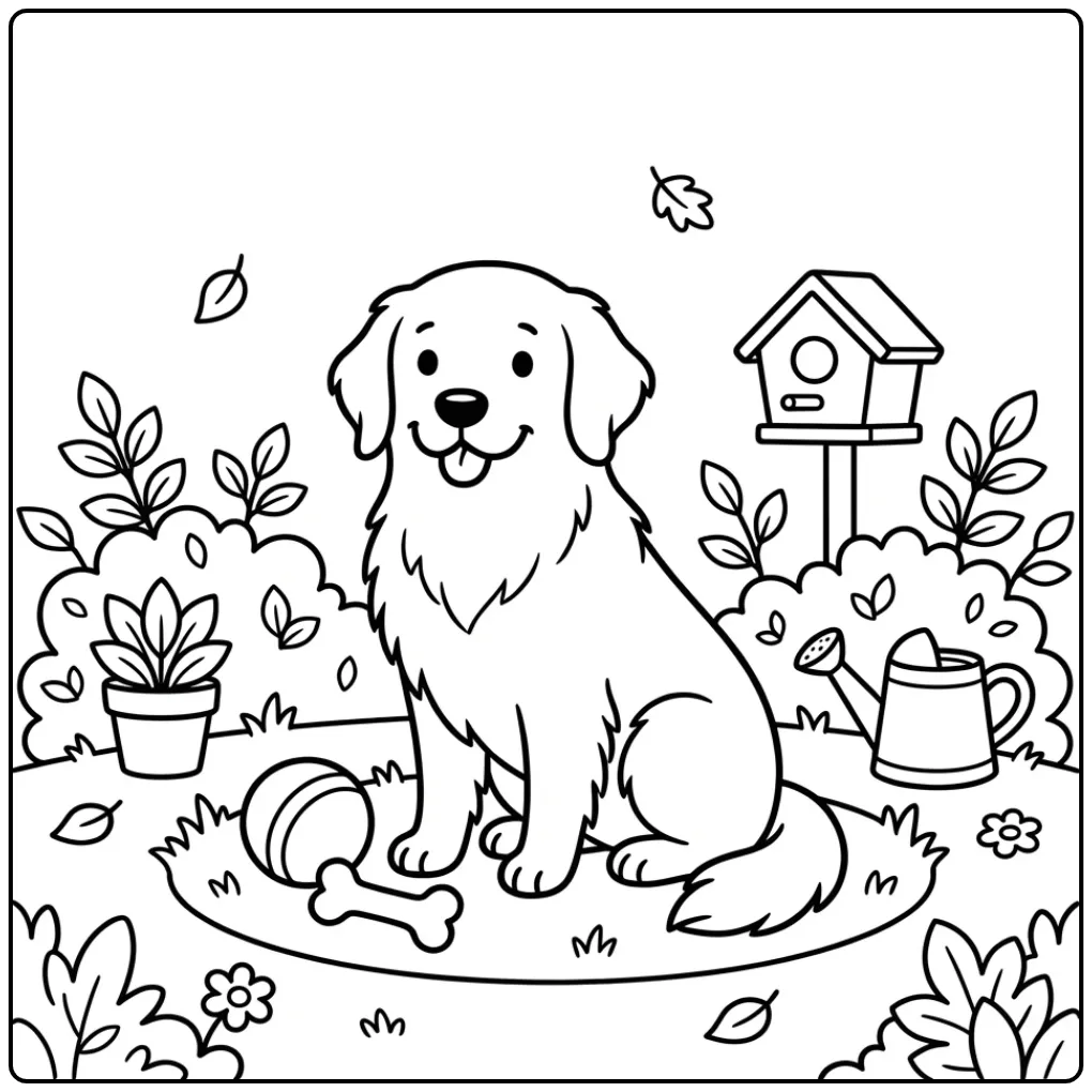 Een vrolijke kleurplaat hond schattig in de achtertuin.