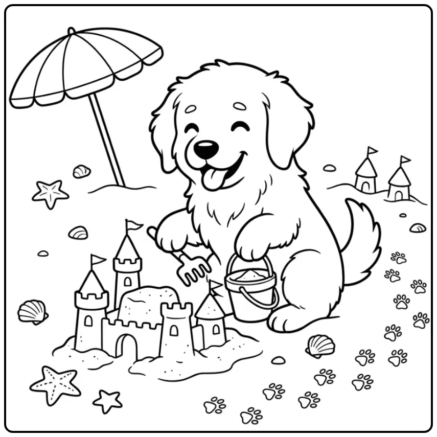 Gedetailleerde kleurplaat puppy moeilijk met zandkasteel en emmer