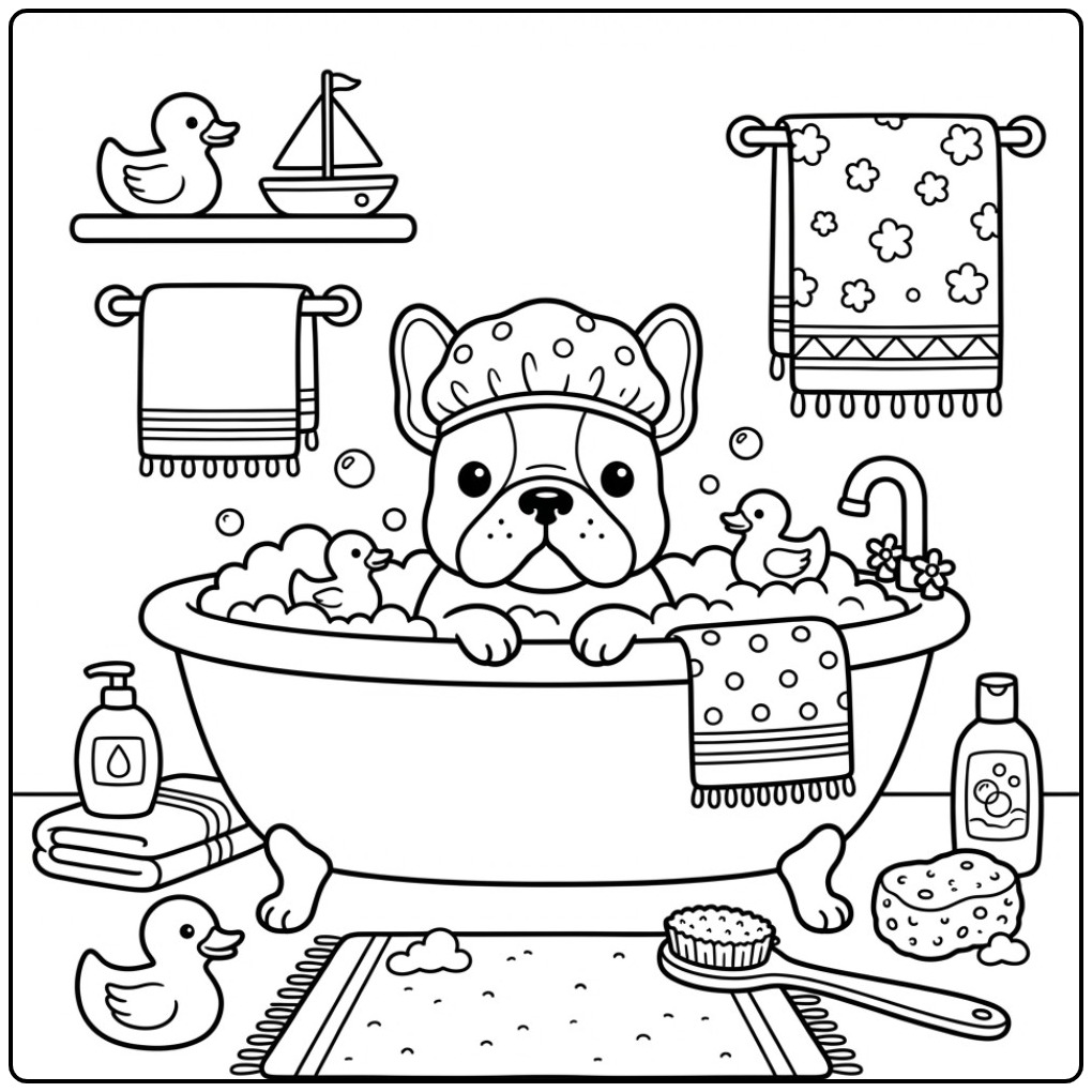 Een leuke kleurplaat franse bulldog in een bad vol schuim.