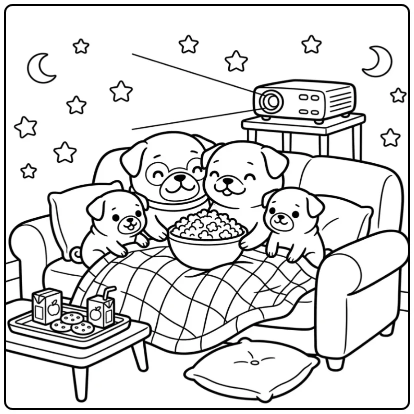Schattige kleurplaat honden puppies filmavond met popcorn