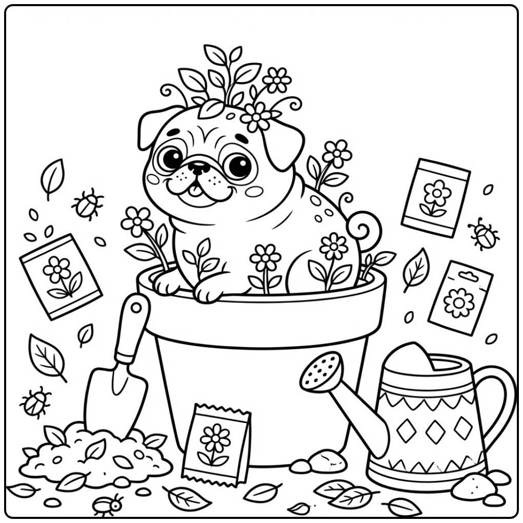 Leuke kleurplaat mopshond in een bloempot met tuingereedschap.