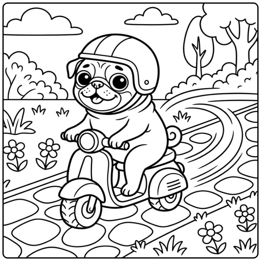 Een leuke kleurplaat mopshond die op een scooter rijdt.