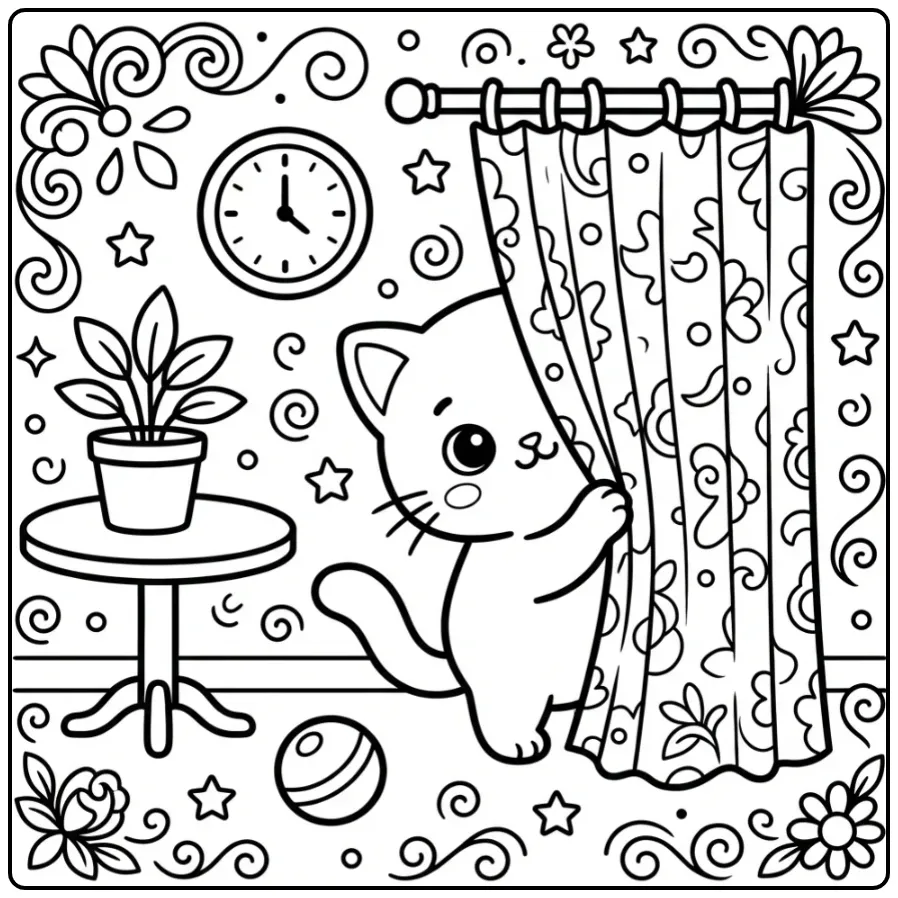 Schattige kleurplaat kat makkelijk achter een gordijn.