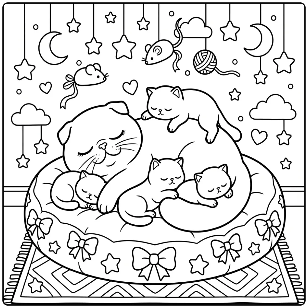 Schattige kleurplaat kat met kittens op een zacht kussen met strikken.