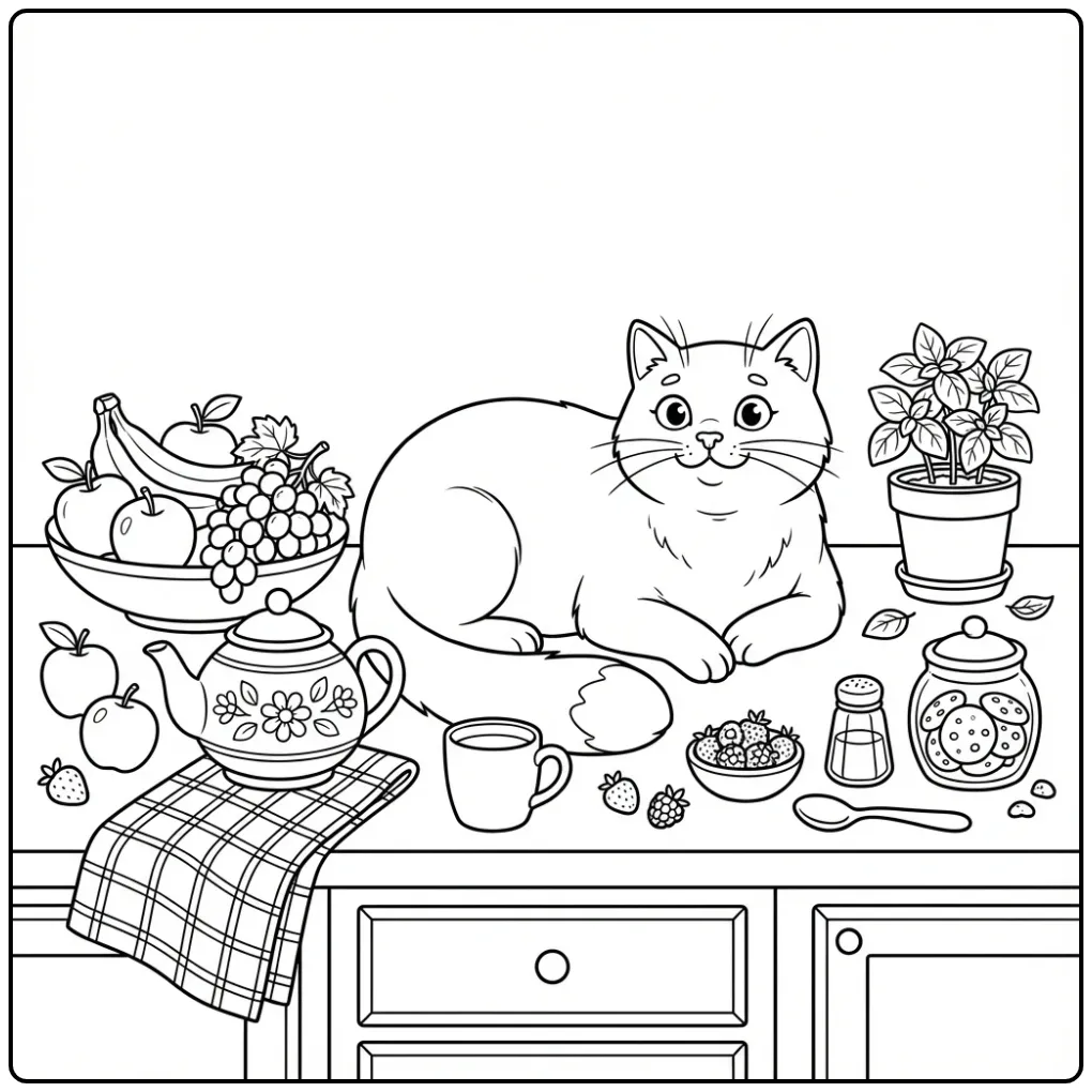 Een gedetailleerde kleurplaat kat op het aanrecht bij fruit.