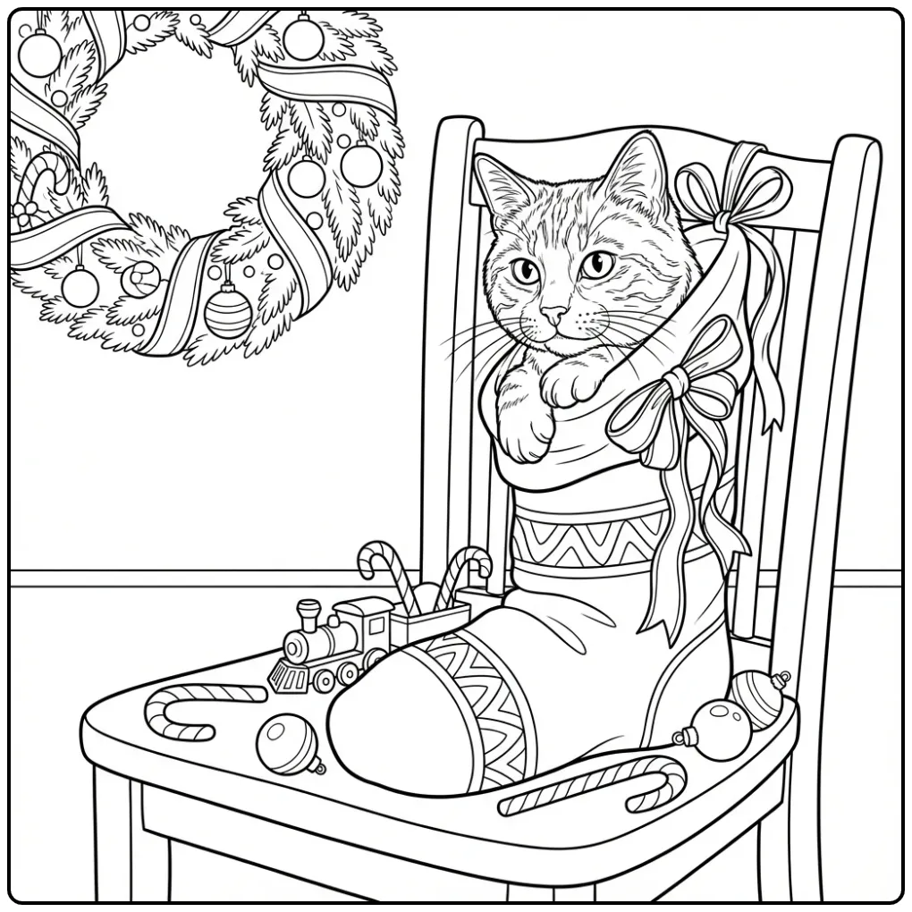 Een feestelijke kleurplaat kerst kat in een kerstsok.