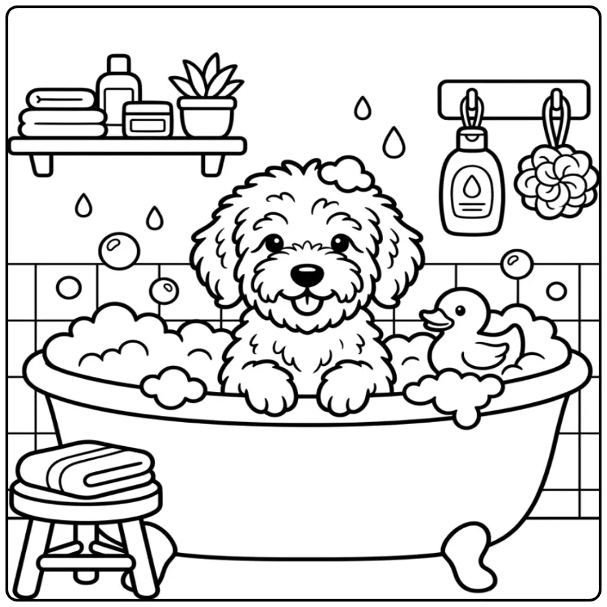 Vrolijke kleurplaat labradoodle puppy in bad met veel schuim.