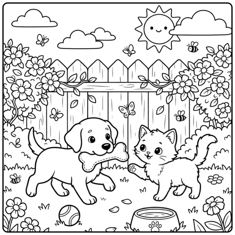 Vrolijke kleurplaat puppy en kitten die samen spelen in de tuin.