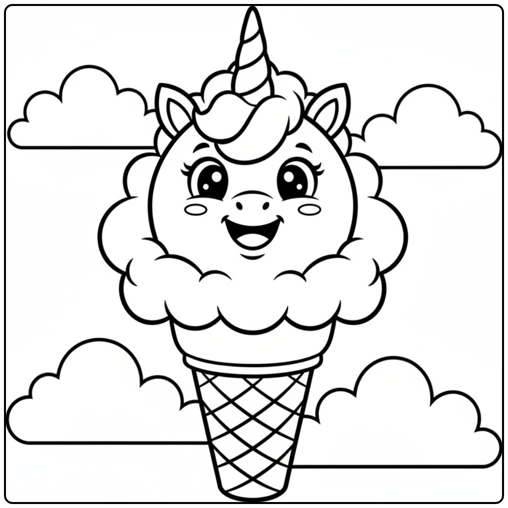 Een vrolijke kleurplaat unicorn ijsje met schattige wolkjes eromheen.
