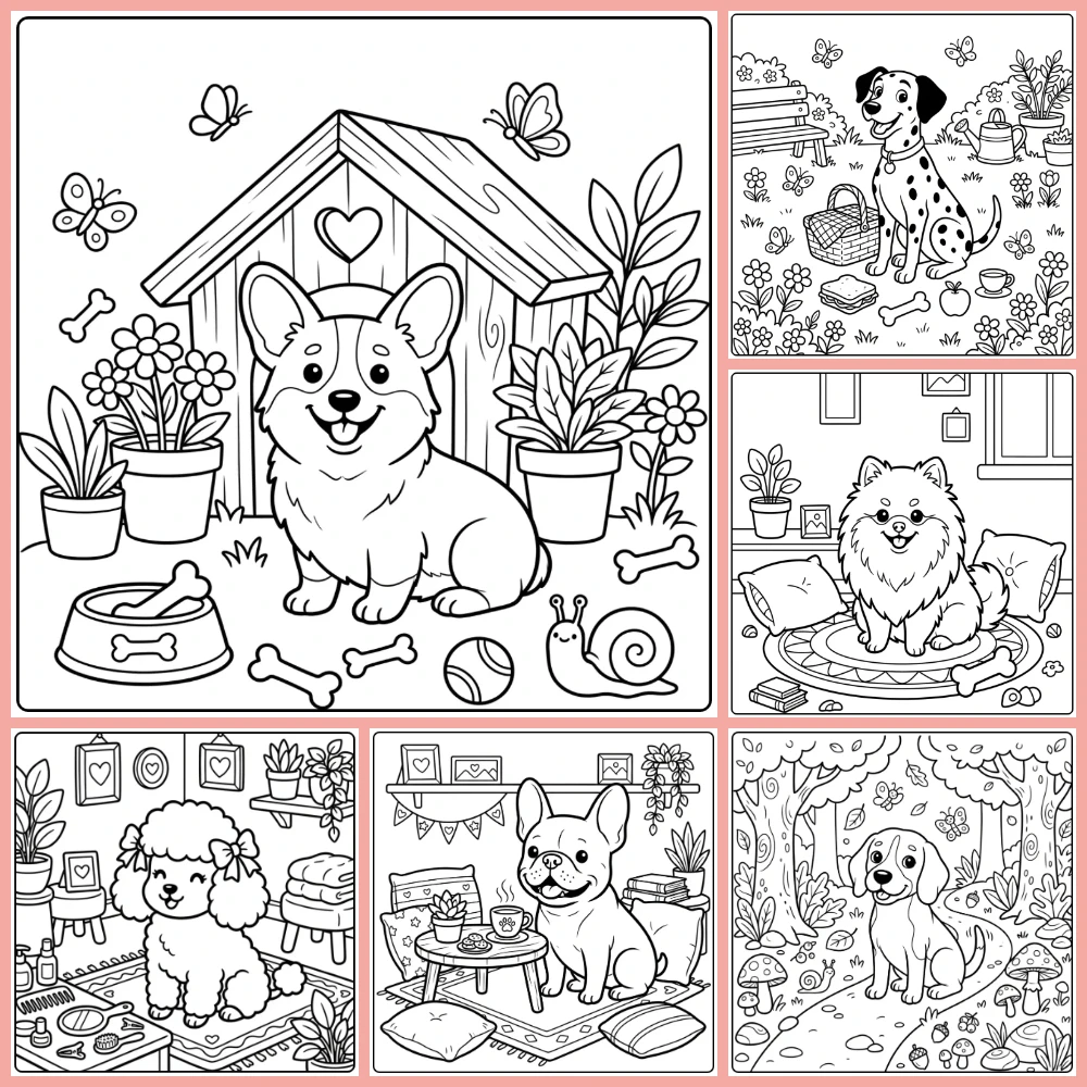 A collage of different coloring page designs.