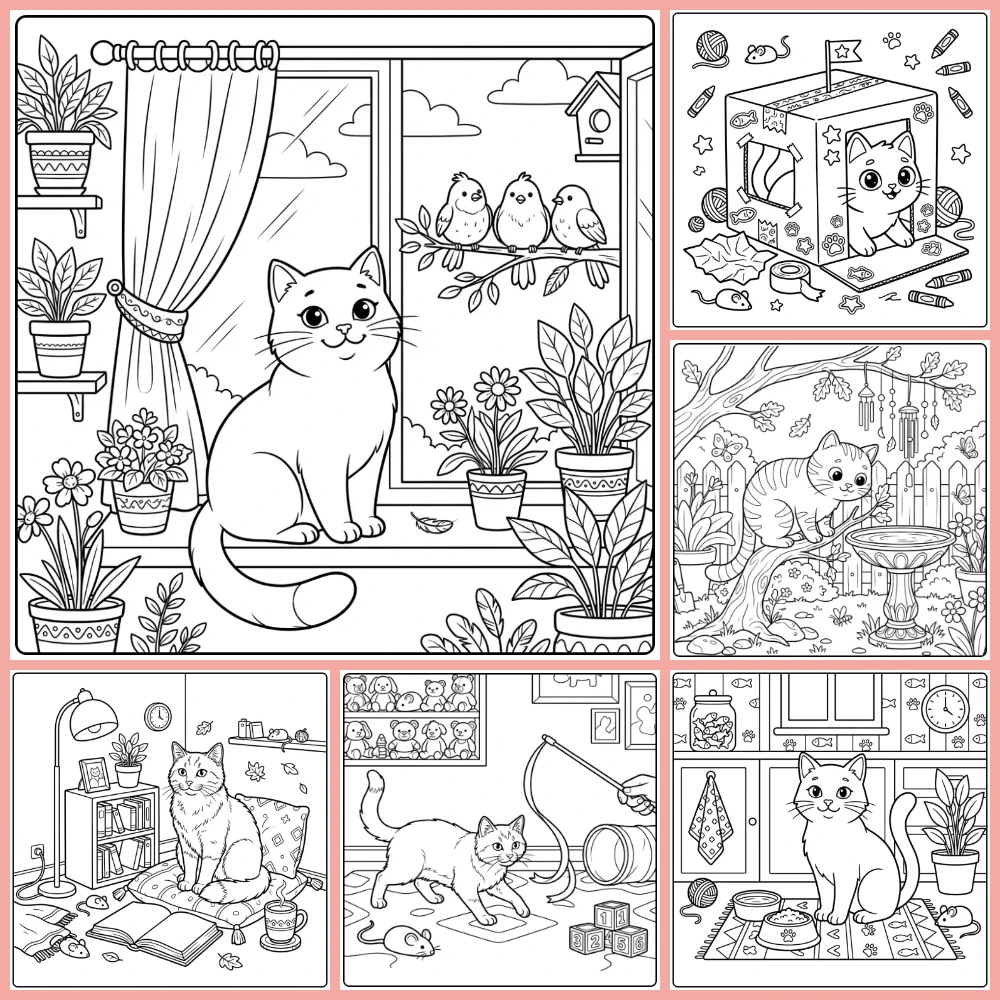 A collage of different coloring page designs.