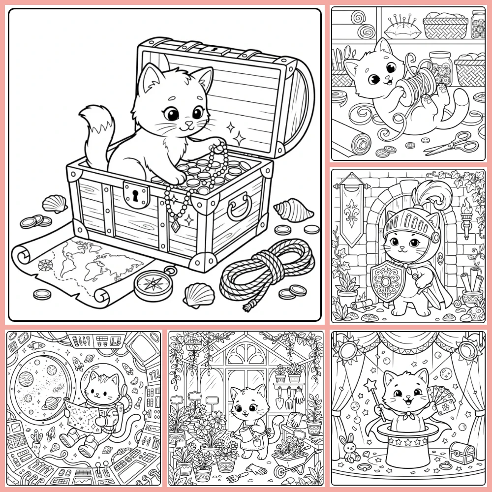 A collage of different coloring page designs.