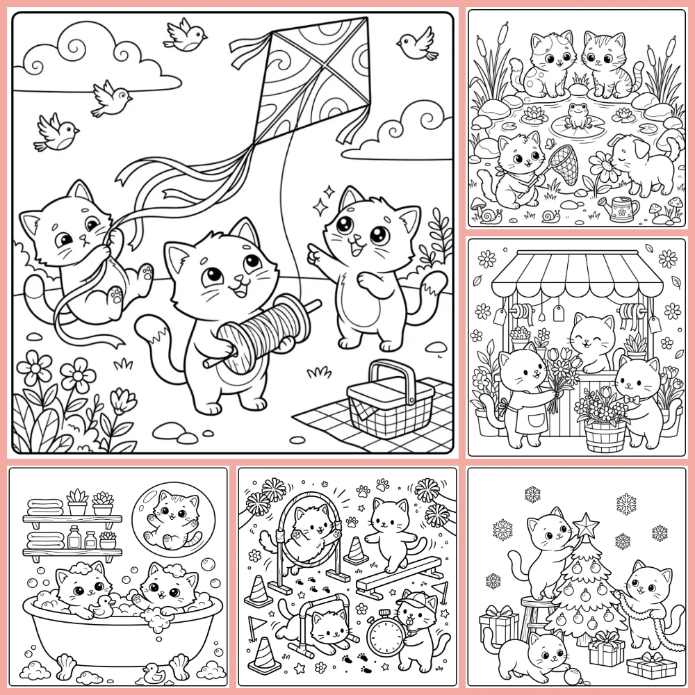 A collage of different coloring page designs.