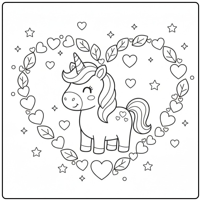 Een Makkelijke unicorn en hartjes kleurplaat voor kinderen.