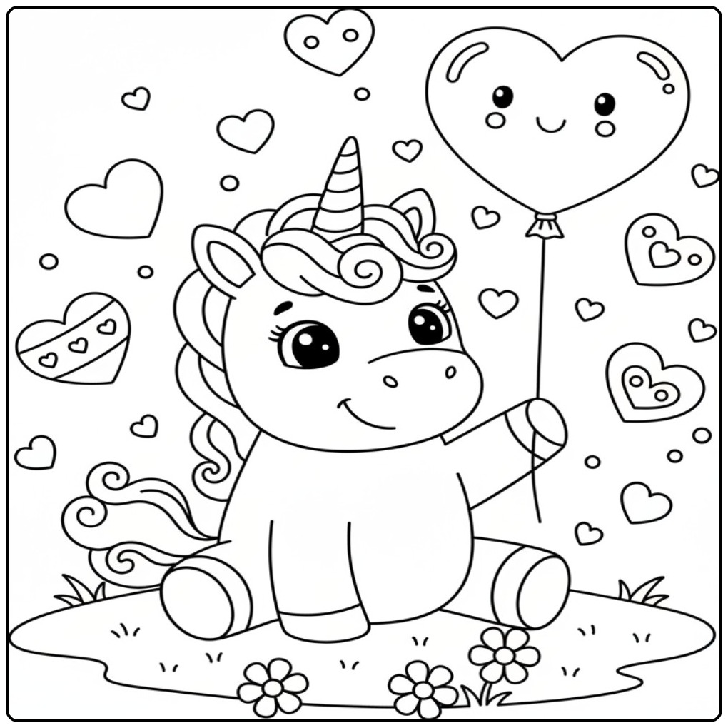 Een lieve Makkelijke unicorn en hartjes kleurplaat met een ballon.