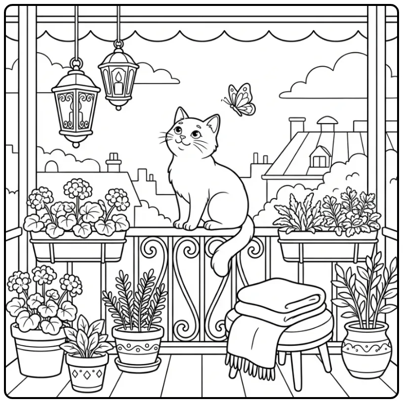 Een schattige kat kleurplaat op een balkon met een vlinder.
