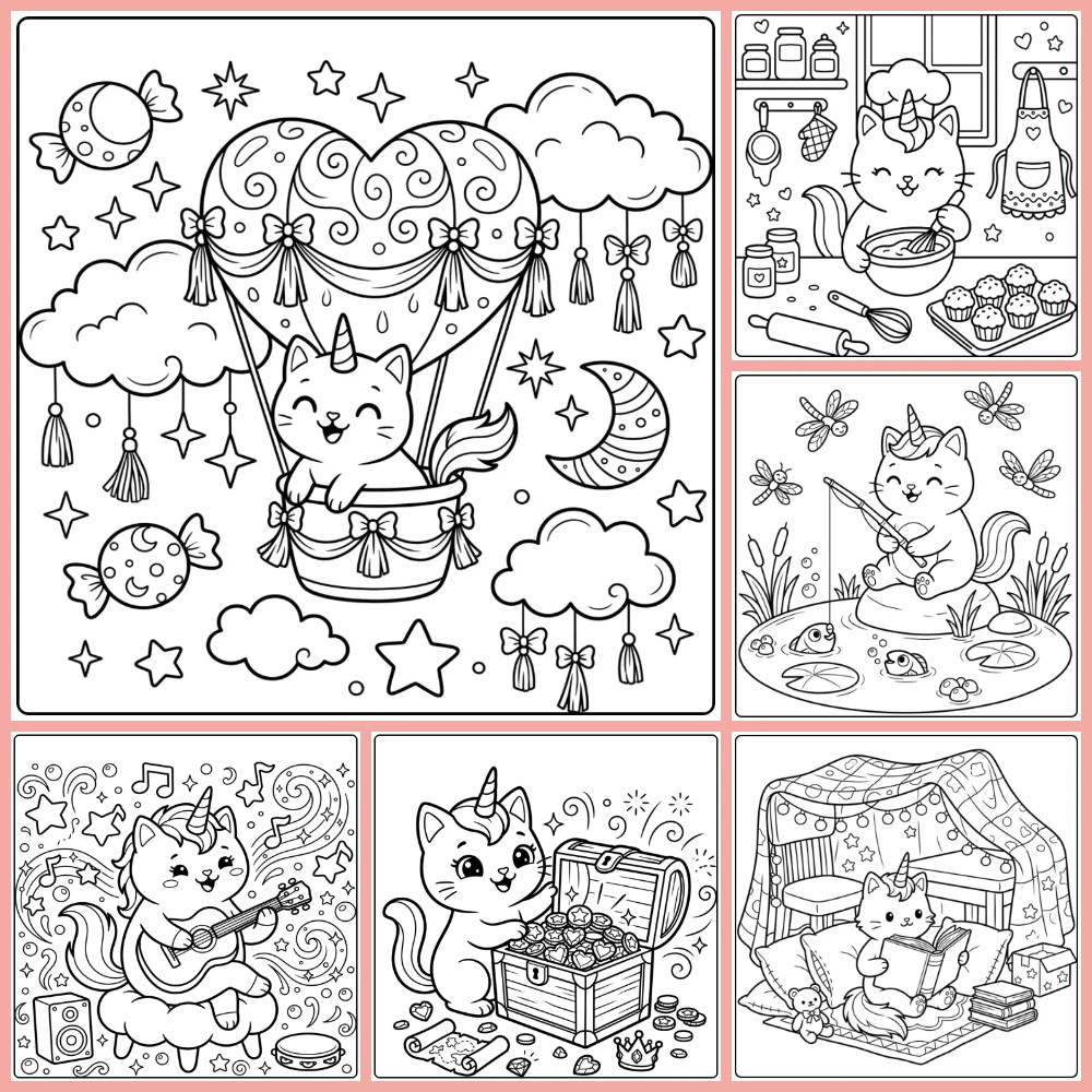 A collage of different coloring page designs.