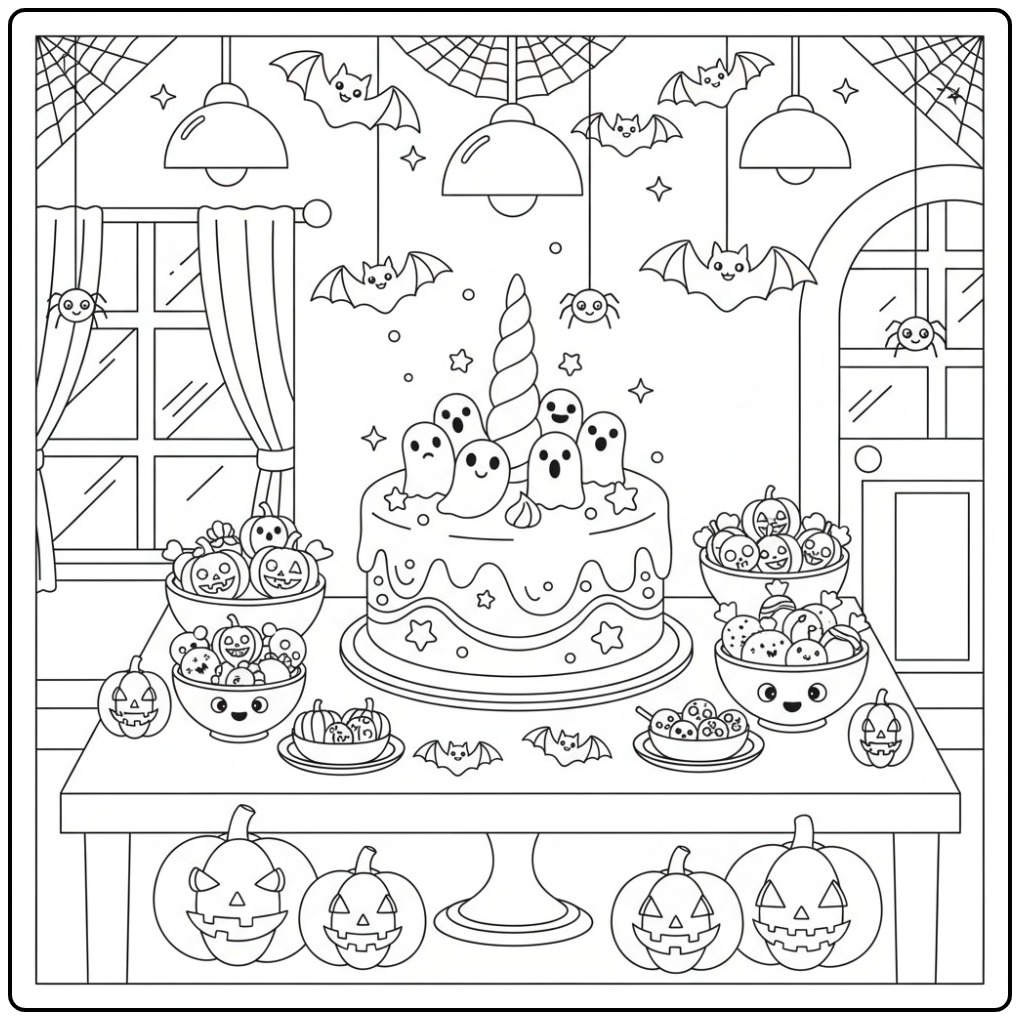 Een feestelijke Kleurplaat unicorn halloween taart met spookjes.