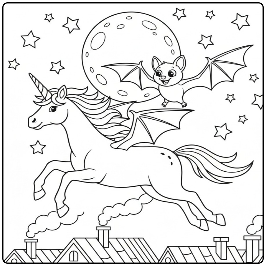 Vliegende unicorn halloween kleurplaat met een vleermuisvriendje.